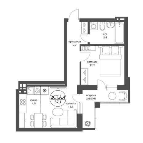 Вариант №12523, 2-комнатная квартира в жилом комплексе 