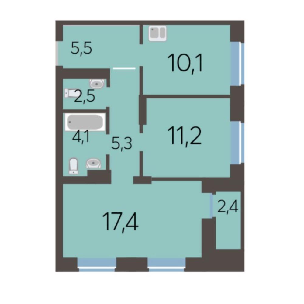 Планировка 2-комнатная площадью 57.6 м<sup>2</sup> в ЖК Академия