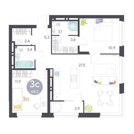 Вариант №7156, 3-комнатная квартира в жилом комплексе Авиатор
