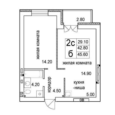 Вариант №12816, 2-комнатная квартира в жилом комплексе 