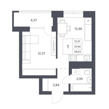 Вариант №11530, 1-комнатная квартира в жилом комплексе 