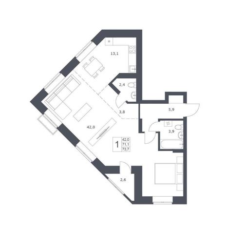Вариант №10308, 1-комнатная квартира в жилом комплексе Новаторы