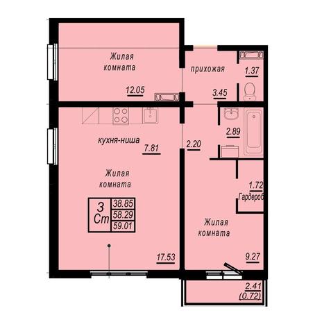 Вариант №4936, 3-комнатная квартира в жилом комплексе На Снежиной