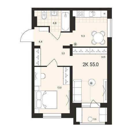 Вариант №14497, 2-комнатная квартира в жилом комплексе 19|56 Кварталы Телецентра