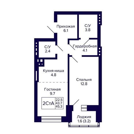 Вариант №14330, 2-комнатная квартира в жилом комплексе Ежевика