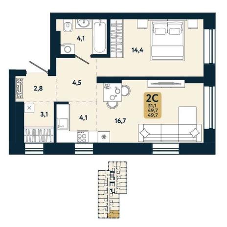 Вариант №15123, 2-комнатная квартира в жилом комплексе Спектр