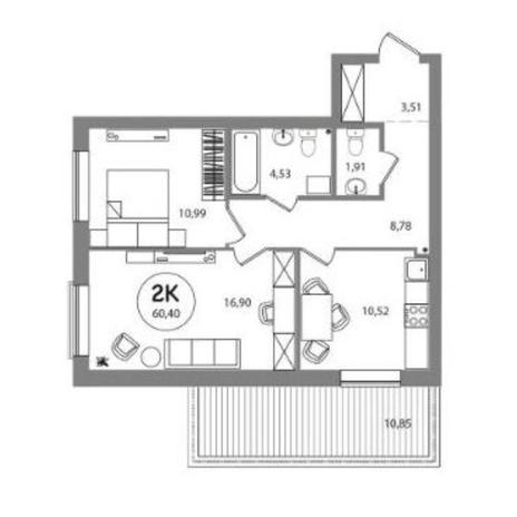 Вариант №9127, 2-комнатная квартира в жилом комплексе 