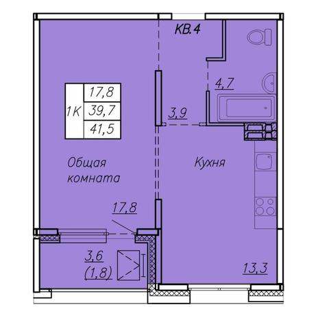 Вариант №7418, 1-комнатная квартира в жилом комплексе Акварельный 3.0