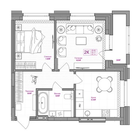 Вариант №6651, 2-комнатная квартира в жилом комплексе Прованс