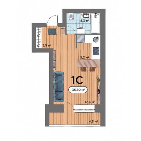 Вариант №7568, 1-комнатная квартира в жилом комплексе Smart Park