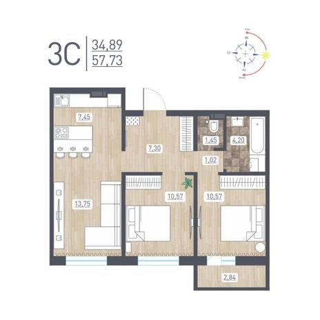 Вариант №13709, 3-комнатная квартира в жилом комплексе 