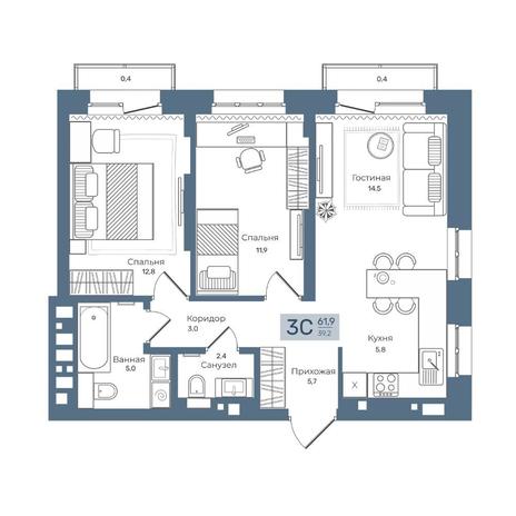 Вариант №7600, 3-комнатная квартира в жилом комплексе Tesla Park