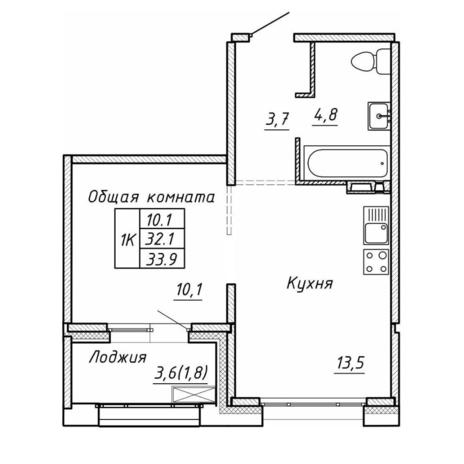 Вариант №17714, 1-комнатная квартира в жилом комплексе Рэд Фокс