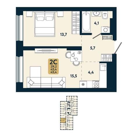 Вариант №15121, 2-комнатная квартира в жилом комплексе 