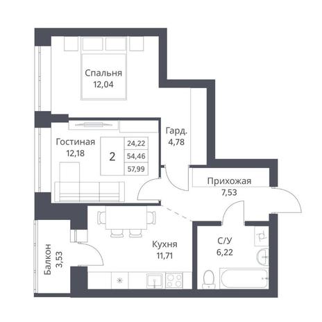 Вариант №14219, 2-комнатная квартира в жилом комплексе Нормандия-Неман