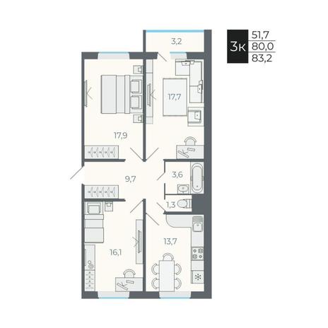 Вариант №12652, 3-комнатная квартира в жилом комплексе Tesla Park
