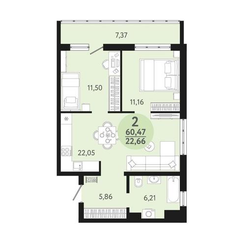 Вариант №15196, 2-комнатная квартира в жилом комплексе Первый на Рябиновой