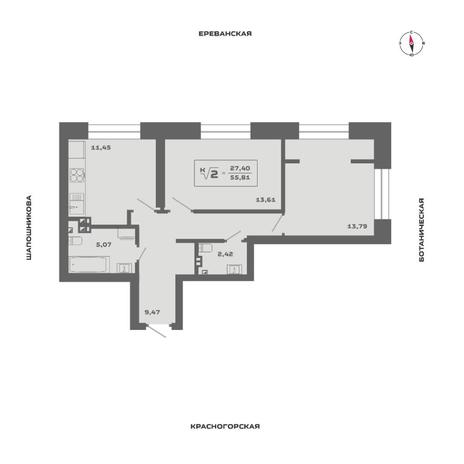 Вариант №14618, 2-комнатная квартира в жилом комплексе Первый на Рябиновой