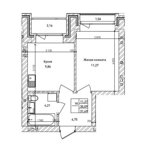 Вариант №15532, 1-комнатная квартира в жилом комплексе Баланс (Balance)