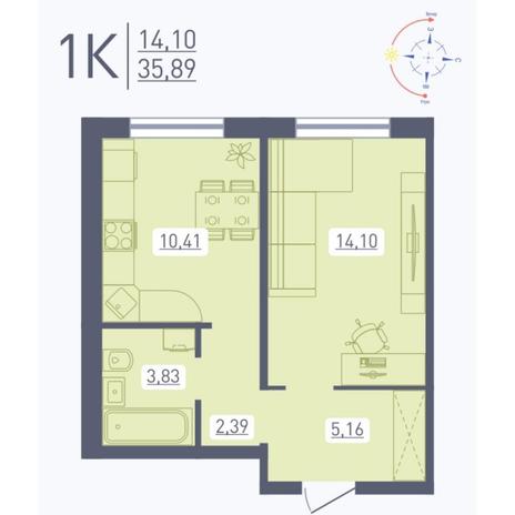 Вариант №5556, 1-комнатная квартира в жилом комплексе 