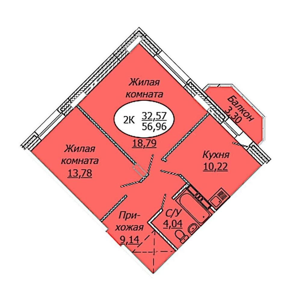 Планировка 2-комнатная площадью 56.96 м<sup>2</sup> в ЖК Комета-Октябрьский