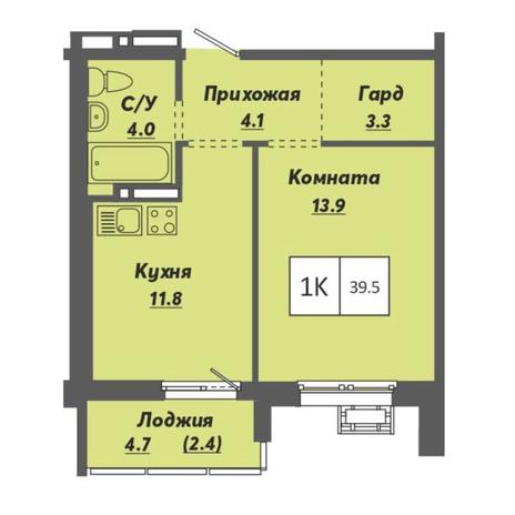 Вариант №7938, 1-комнатная квартира в жилом комплексе 