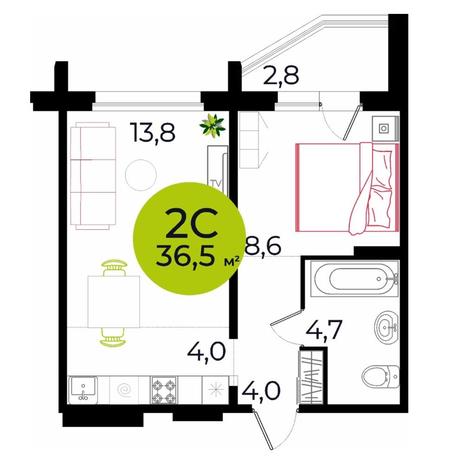 Вариант №7022, 2-комнатная квартира в жилом комплексе 