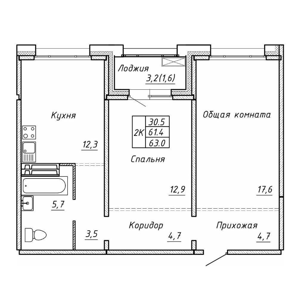 Планировка 2-комнатная площадью 63 м<sup>2</sup> в ЖК Гренландия