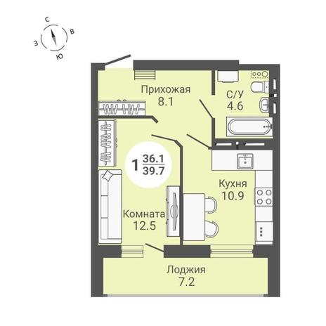 Вариант №10618, 1-комнатная квартира в жилом комплексе Новый парк