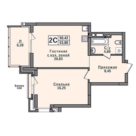 Вариант №2923, 2-комнатная квартира в жилом комплексе Цивилизация
