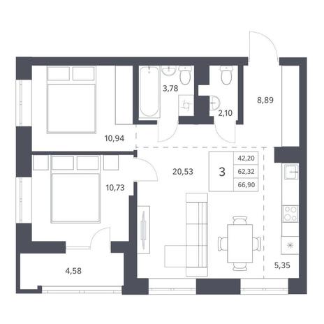 Вариант №11522, 3-комнатная квартира в жилом комплексе Характер
