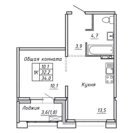 Вариант №17737, 1-комнатная квартира в жилом комплексе Виноград