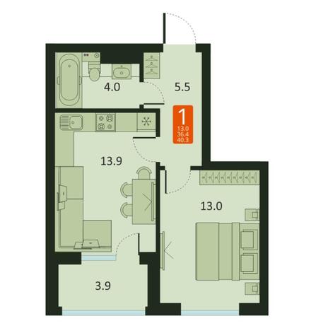 Вариант №7485, 1-комнатная квартира в жилом комплексе 