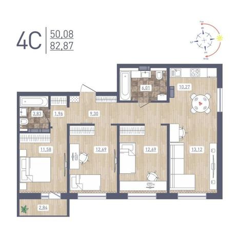 Вариант №9368, 4-комнатная квартира в жилом комплексе Заельцовский