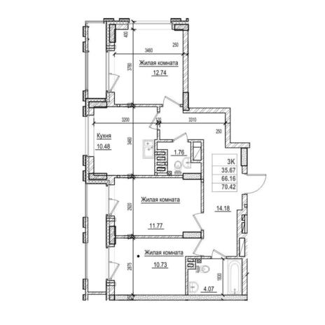 Вариант №14607, 3-комнатная квартира в жилом комплексе Новаторы