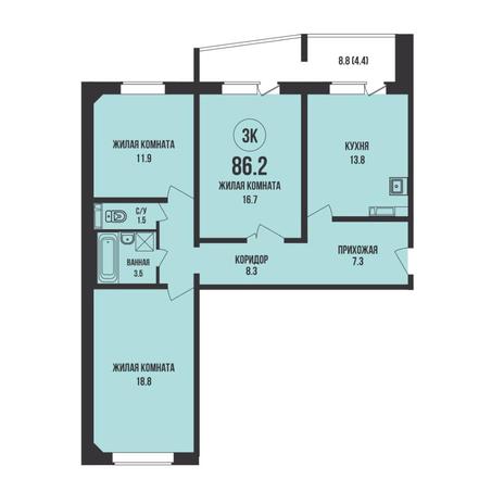 Вариант №15315, 3-комнатная квартира в жилом комплексе Tesla Park