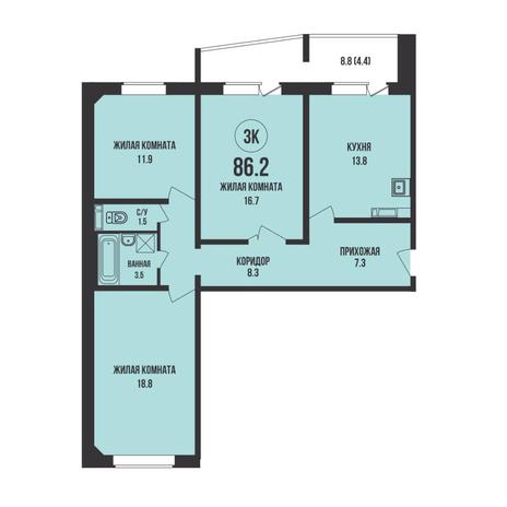 Вариант №15315, 3-комнатная квартира в жилом комплексе Новаторы