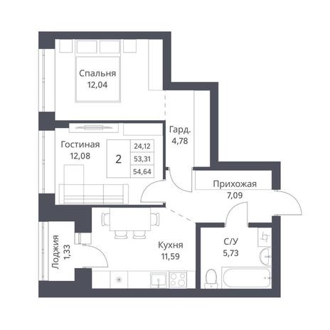 Вариант №14164, 2-комнатная квартира в жилом комплексе Приозерный