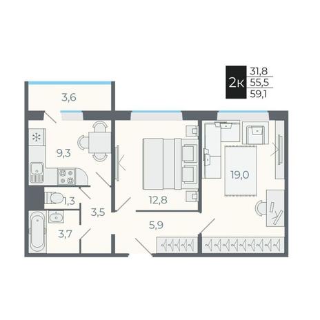 Вариант №12647, 2-комнатная квартира в жилом комплексе 