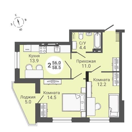 Вариант №10570, 2-комнатная квартира в жилом комплексе На Петухова