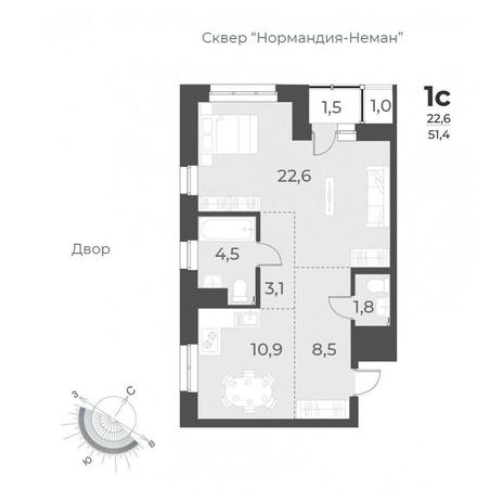 Вариант №9361, 1-комнатная квартира в жилом комплексе Нормандия-Неман