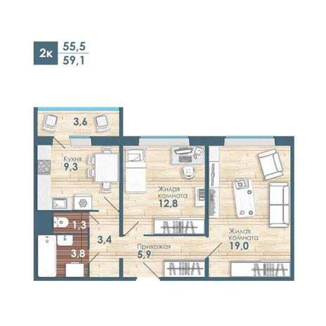 Вариант №8731, 2-комнатная квартира в жилом комплексе 