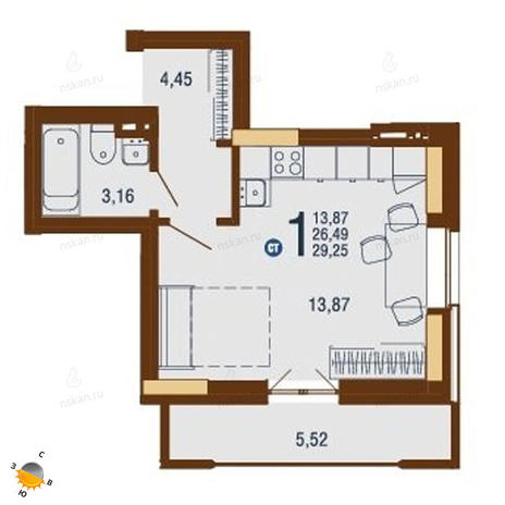 Вариант №1823, 1-комнатная квартира в жилом комплексе На Доватора