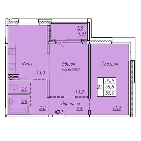Вариант №7413, 2-комнатная квартира в жилом комплексе 