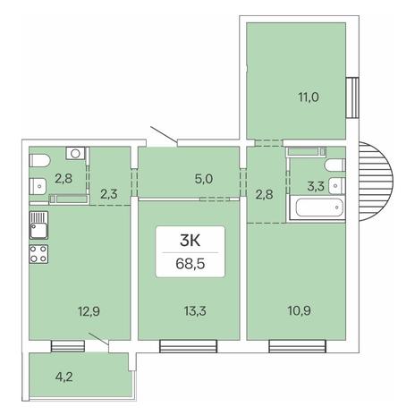 Вариант №7730, 3-комнатная квартира в жилом комплексе Сосновый бор