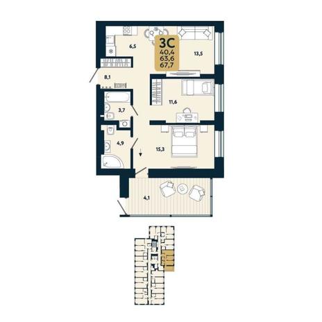 Вариант №15141, 3-комнатная квартира в жилом комплексе 