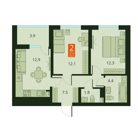 Вариант №7062, 2-комнатная квартира в жилом комплексе Сосновый бор