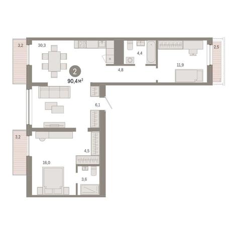 Вариант №14933, 2-комнатная квартира в жилом комплексе Новаторы