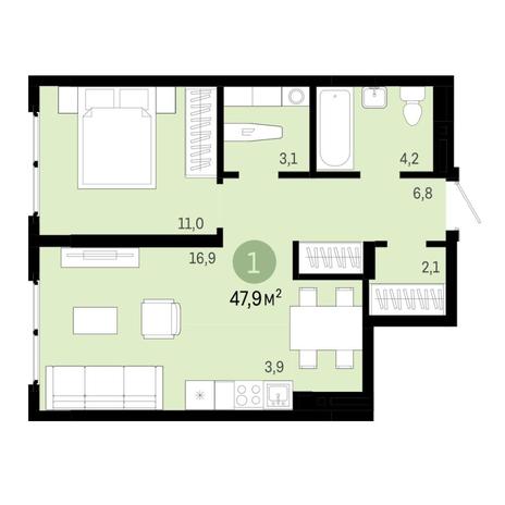 Вариант №6893, 2-комнатная квартира в жилом комплексе 