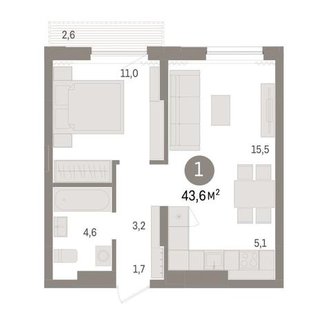 Вариант №8974, 1-комнатная квартира в жилом комплексе 